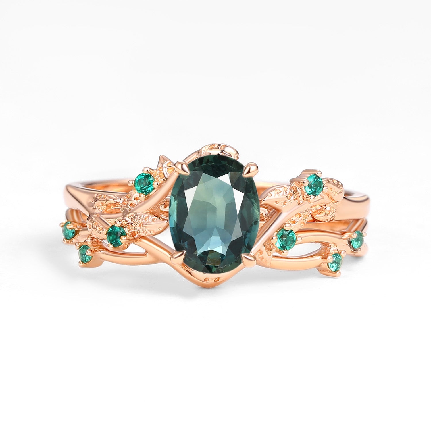 Nature Inspired - Oval Cut Moss Agate Leafy Black Gold Ring Set 2pcs - Mossy