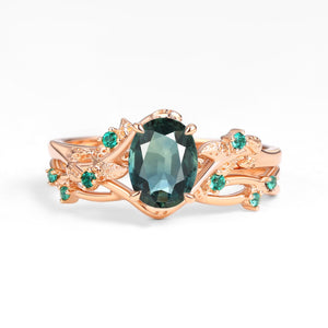 Nature Inspired - Oval Cut Moss Agate Leafy Black Gold Ring Set 2pcs - Mossy