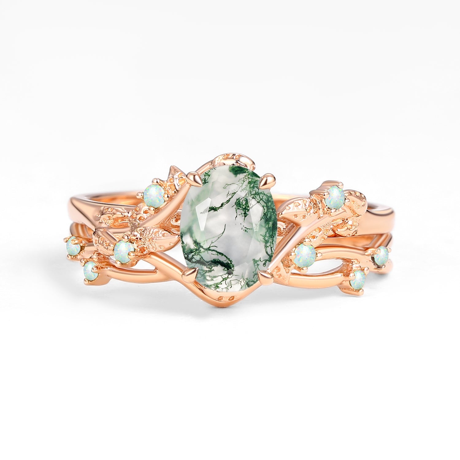 Nature Inspired - Oval Cut Moss Agate Leafy Black Gold Ring Set 2pcs - Mossy