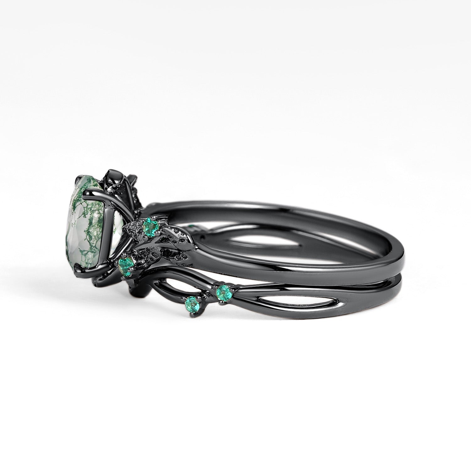 Nature Inspired - Oval Cut Moss Agate Leafy Black Gold Ring Set 2pcs - Mossy