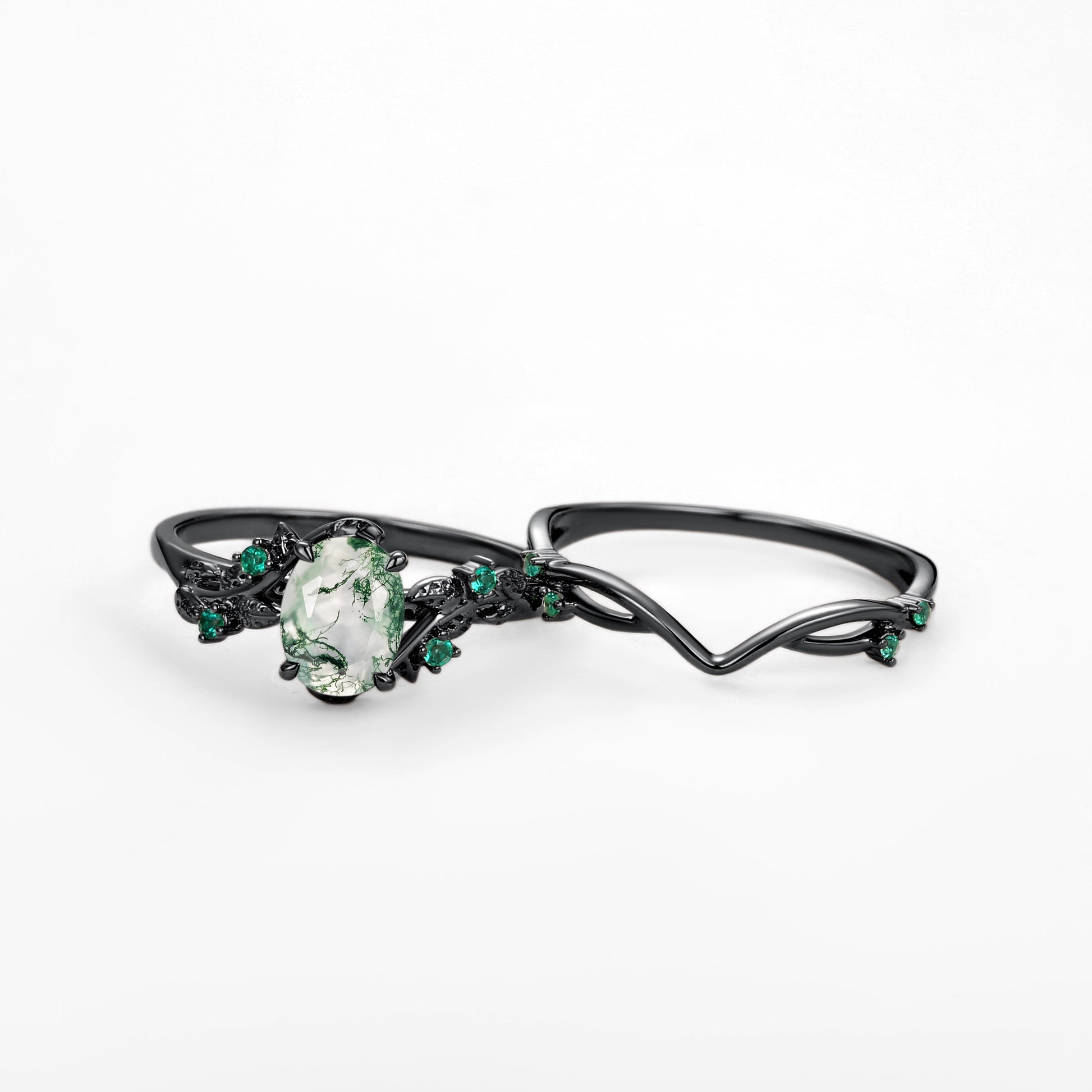 Nature Inspired - Oval Cut Moss Agate Leafy Black Gold Ring Set 2pcs - Mossy