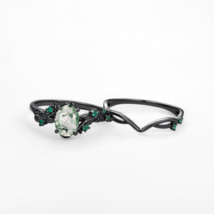 Nature Inspired - Oval Cut Moss Agate Leafy Black Gold Ring Set 2pcs - Mossy