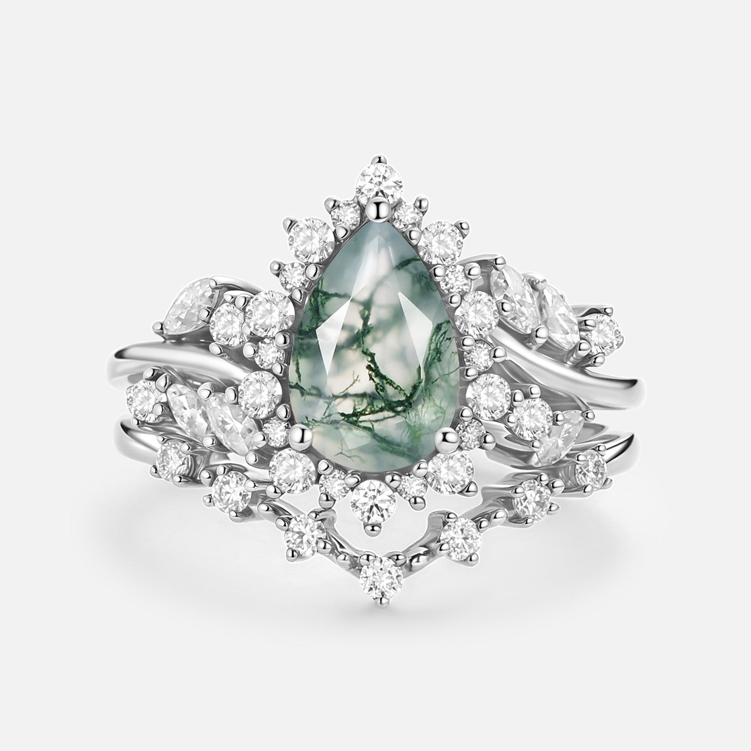 Pear Cut Moss Agate Cluster Engagement Ring Set 2pcs - Kaelin