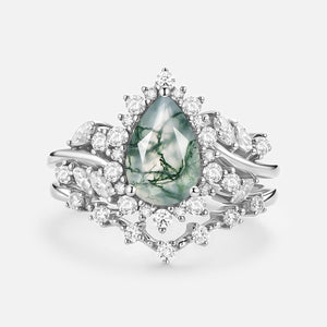 Pear Cut Moss Agate Cluster Engagement Ring Set 2pcs - Kaelin