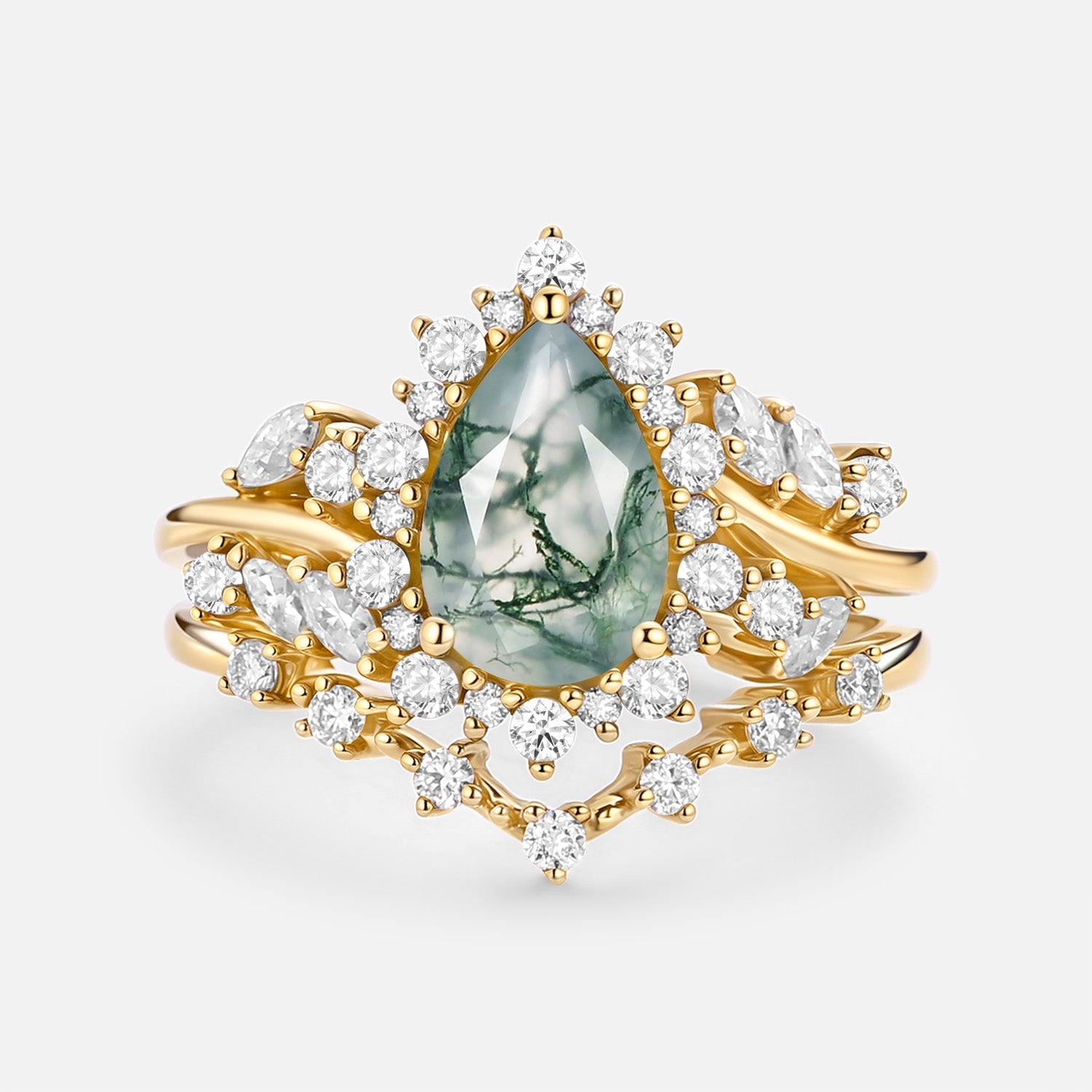 Pear Cut Moss Agate Cluster Engagement Ring Set 2pcs - Kaelin