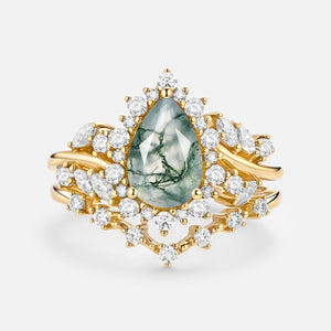 Pear Cut Moss Agate Cluster Engagement Ring Set 2pcs - Kaelin