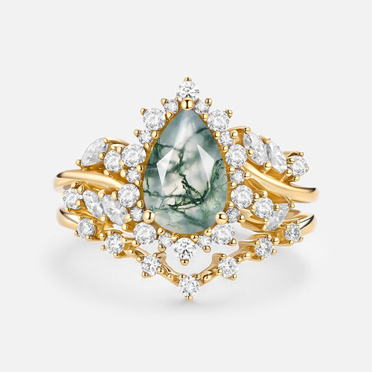 Pear Cut Moss Agate Cluster Engagement Ring Set 2pcs - Kaelin