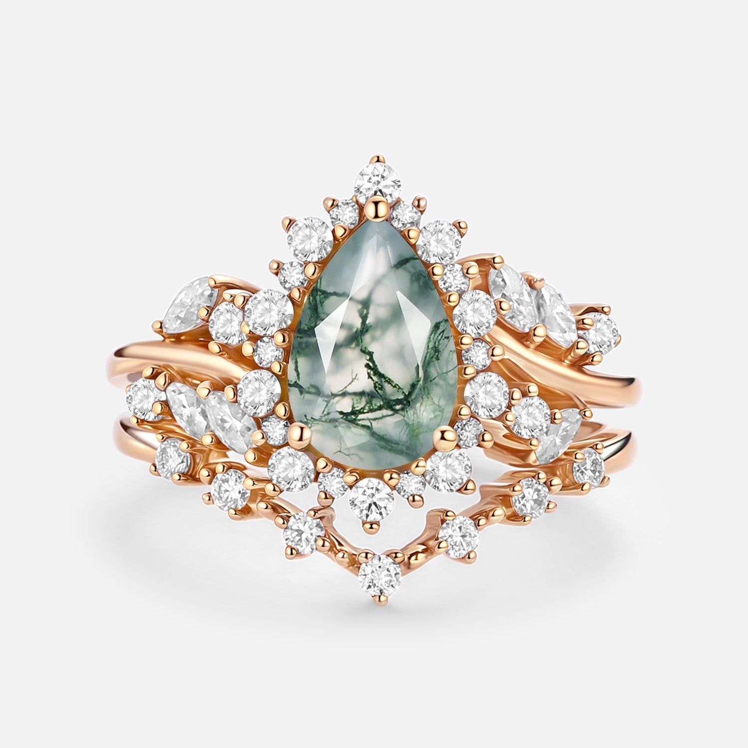Pear Cut Moss Agate Cluster Engagement Ring Set 2pcs - Kaelin