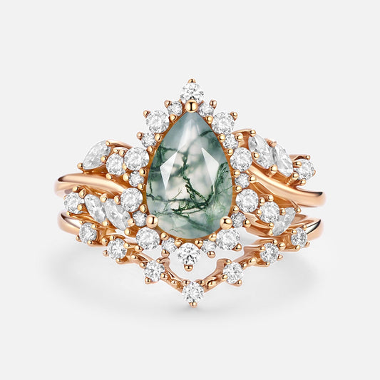 Pear Cut Moss Agate Cluster Engagement Ring Set 2pcs - Kaelin