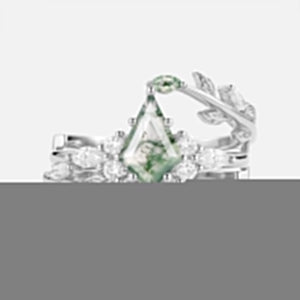 Kite Cut Moss Agate Leafy Cage Engagement Ring Set 2pcs - Vern