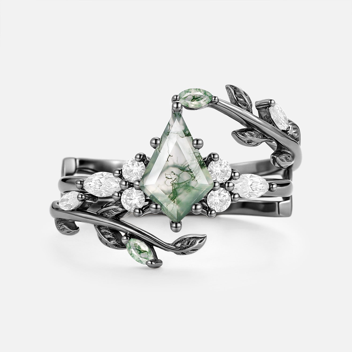 Kite Cut Moss Agate Leafy Cage Engagement Ring Set 2pcs - Vern