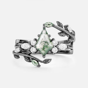 Kite Cut Moss Agate Leafy Cage Engagement Ring Set 2pcs - Vern