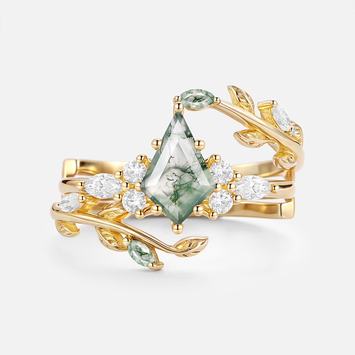 Kite Cut Moss Agate Leafy Cage Engagement Ring Set 2pcs - Vern