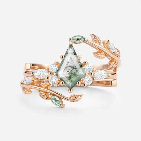 Kite Cut Moss Agate Leafy Cage Engagement Ring Set 2pcs - Vern