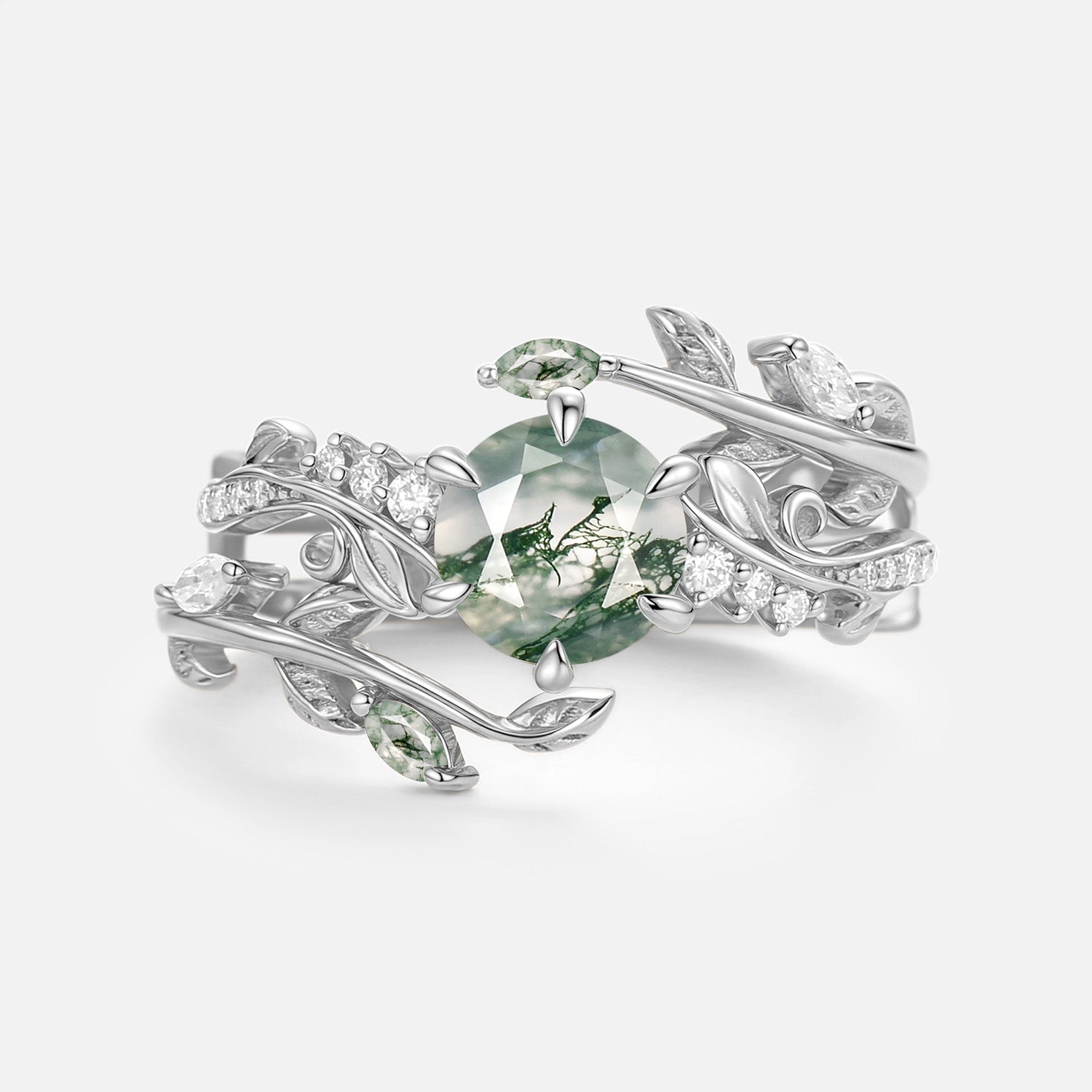 Round Cut Vine Moss Agate Engagement Ring Sets 2pcs - Twine