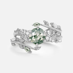 Round Cut Vine Moss Agate Engagement Ring Sets 2pcs - Twine
