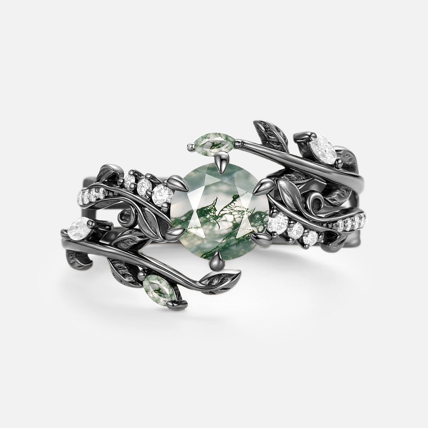 Round Cut Vine Moss Agate Engagement Ring Sets 2pcs - Twine