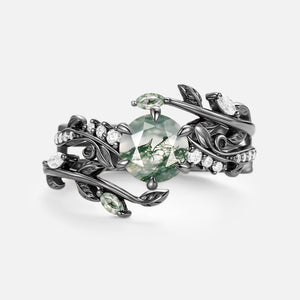 Round Cut Vine Moss Agate Engagement Ring Sets 2pcs - Twine
