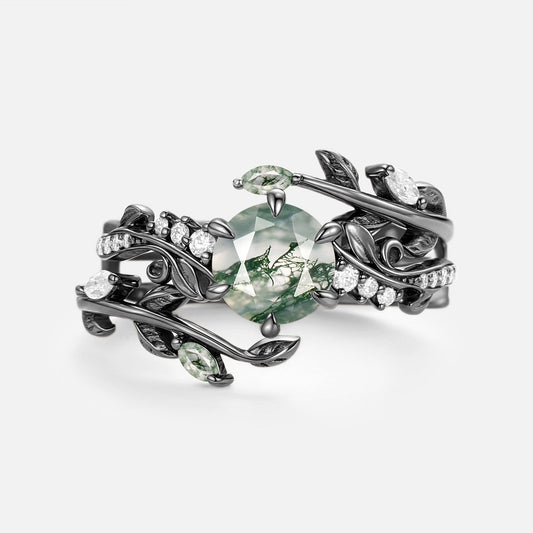 Twine Round Cut Vine Moss Agate Engagement Ring Sets 2pcs