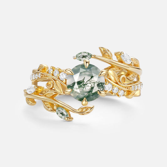 Round Cut Vine Moss Agate Engagement Ring Sets 2pcs - Twine