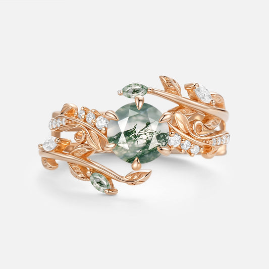 Round Cut Vine Moss Agate Engagement Ring Sets 2pcs - Twine