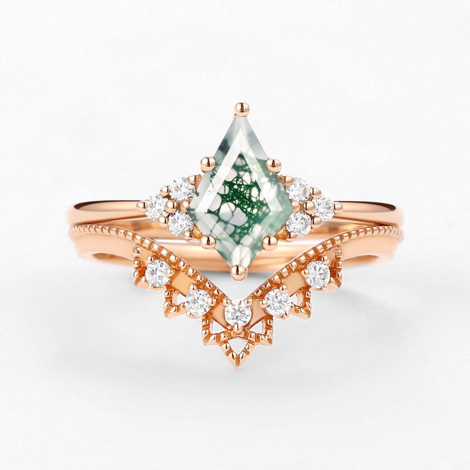 Signature Vintage Kite Cut Moss Agate Engagement Ring Set 2pcs