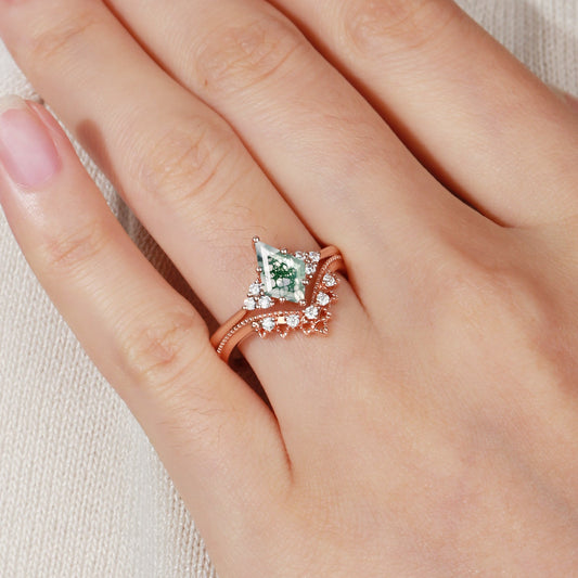 Signature Vintage Kite Cut Moss Agate Engagement Ring Set 2pcs