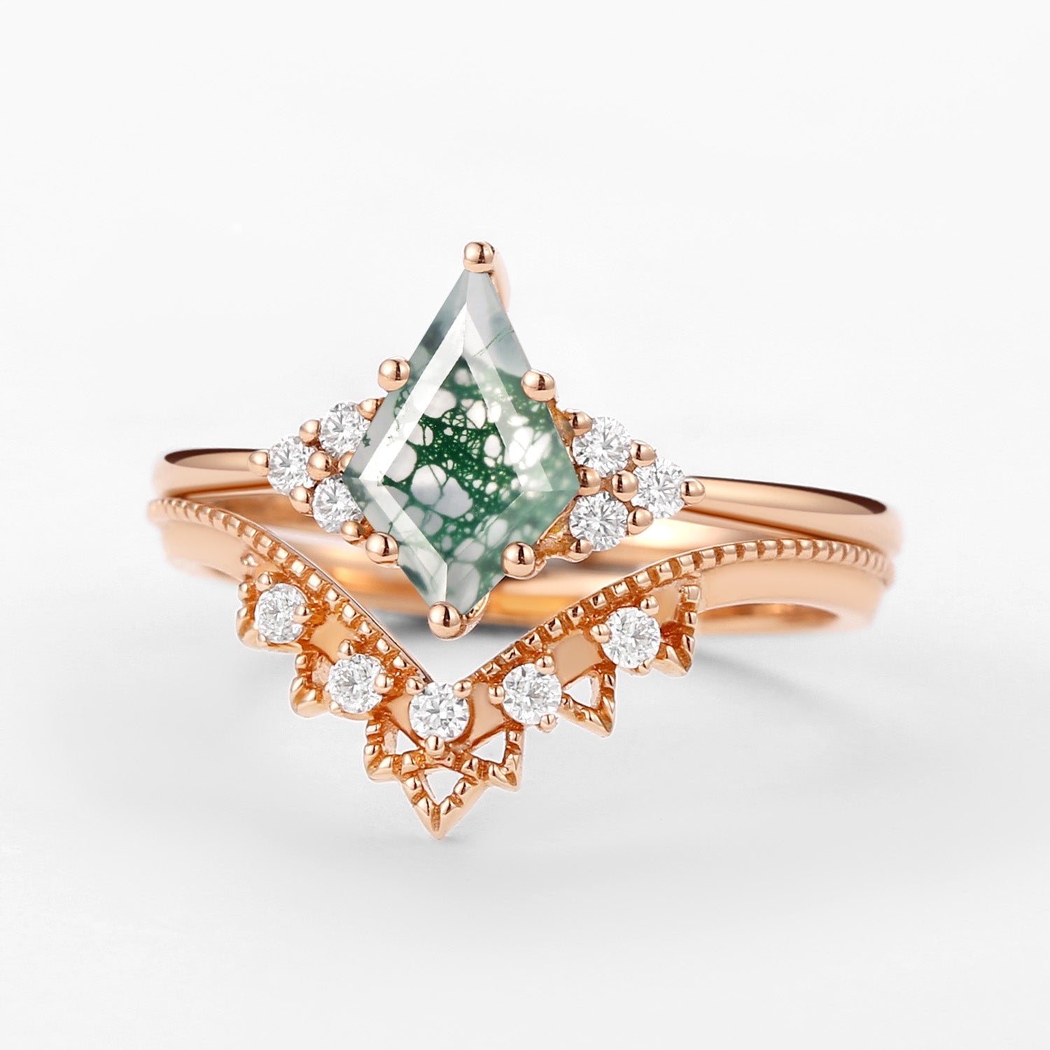 Signature Vintage Kite Cut Moss Agate Engagement Ring Set 2pcs
