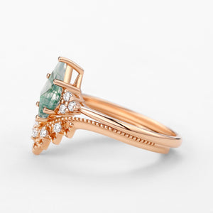 Signature Vintage Kite Cut Moss Agate Engagement Ring Set 2pcs