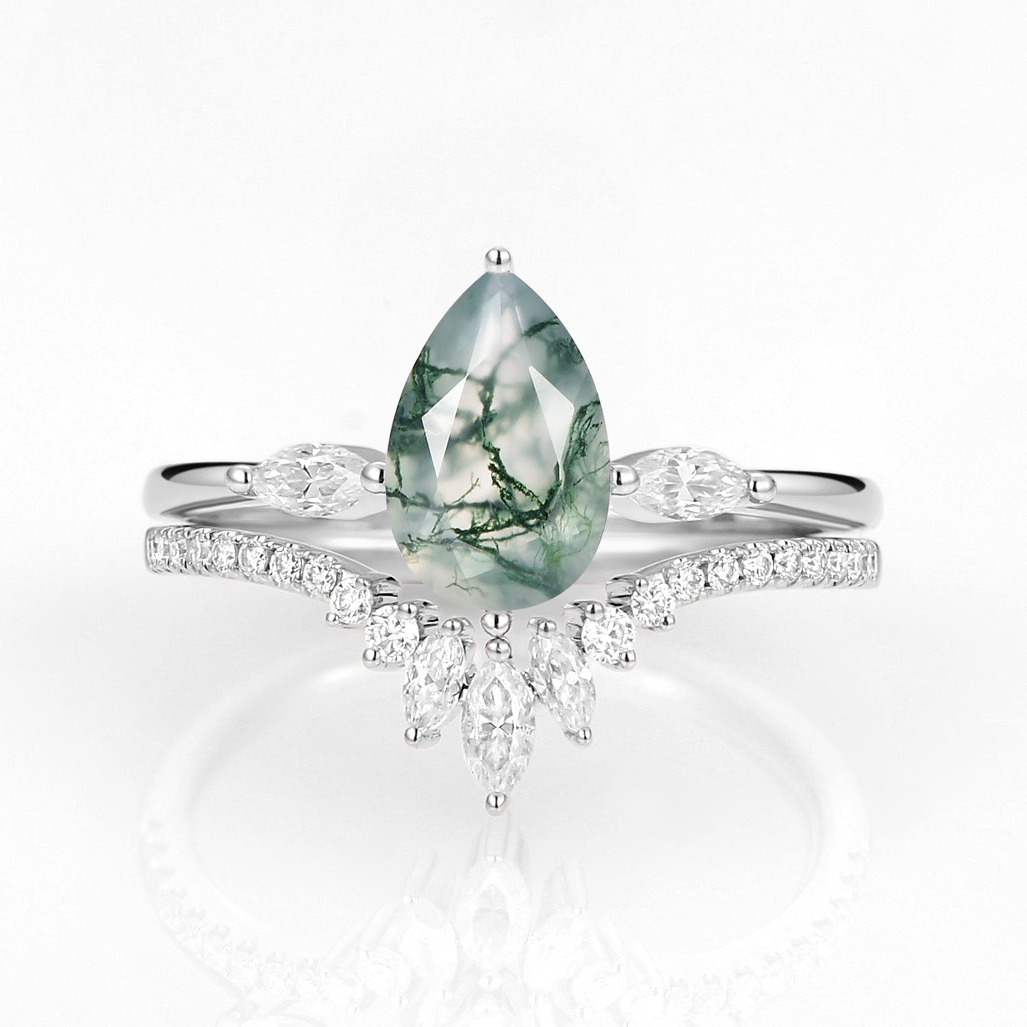 Pear Cut Moss Agate Engagement Ring Set 2pcs - Jream