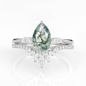 Pear Cut Moss Agate Engagement Ring Set 2pcs - Jream