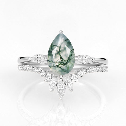 Pear Cut Moss Agate Engagement Ring Set 2pcs - Jream