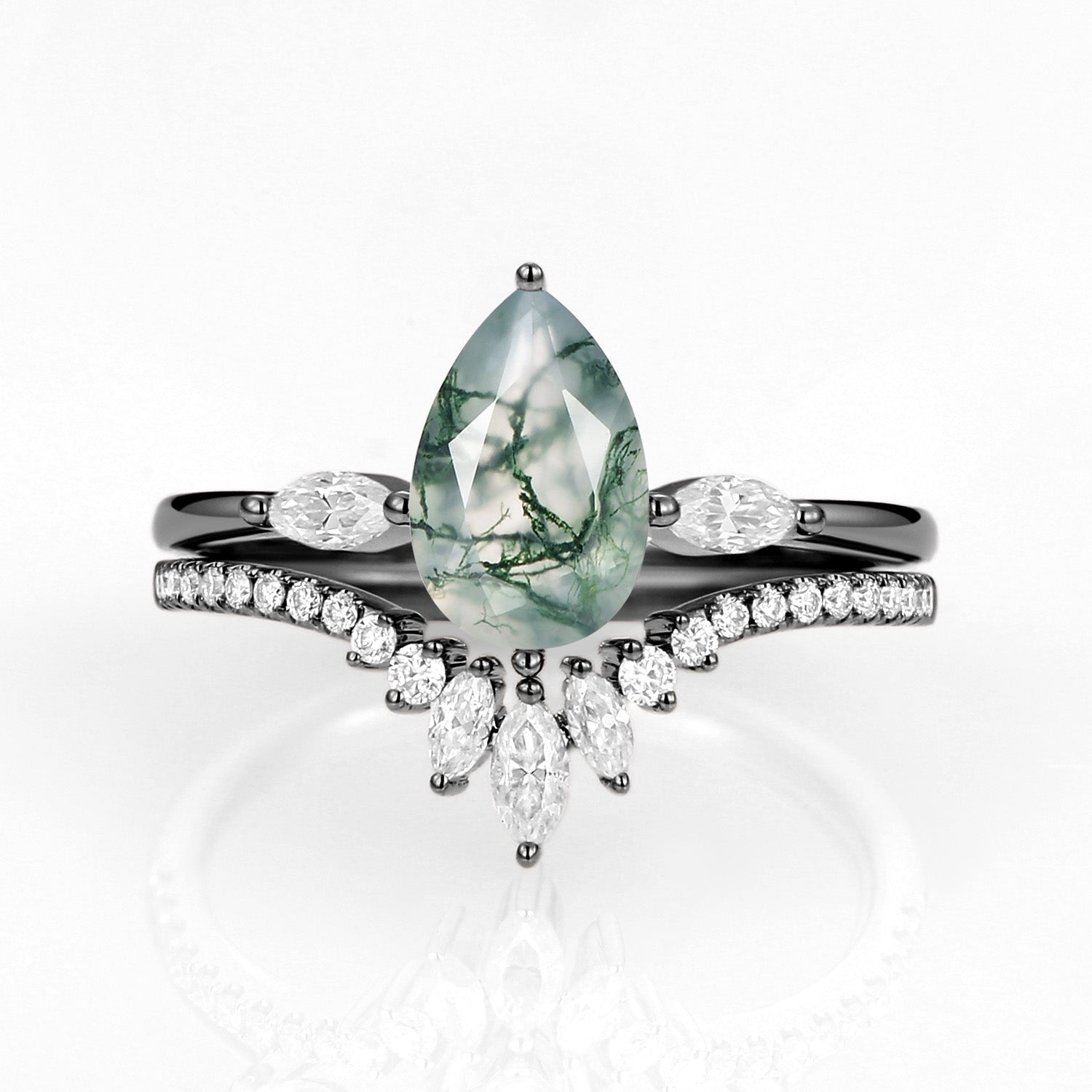 Pear Cut Moss Agate Engagement Ring Set 2pcs - Jream