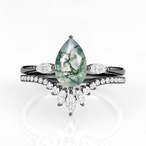 Pear Cut Moss Agate Engagement Ring Set 2pcs - Jream