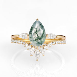Pear Cut Moss Agate Engagement Ring Set 2pcs - Jream