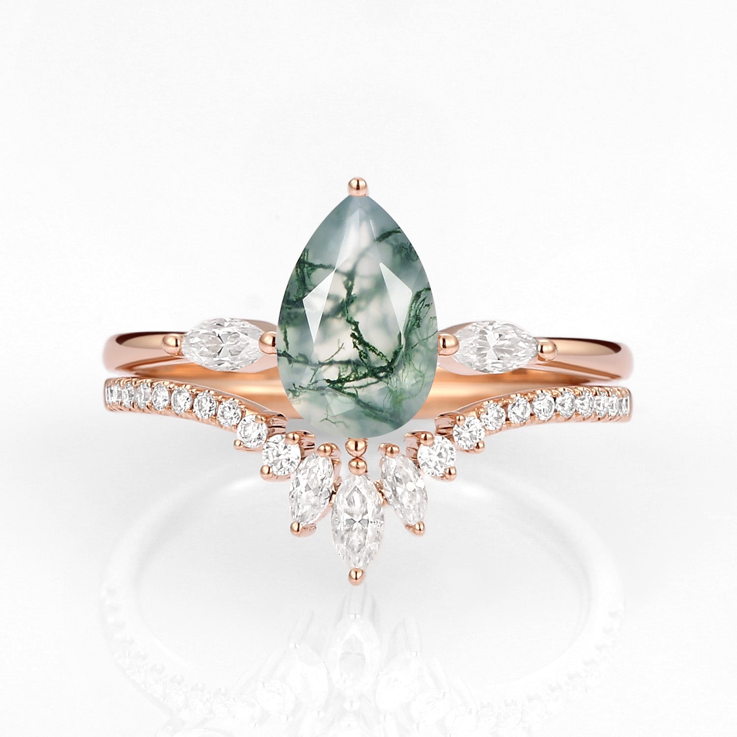 Pear Cut Moss Agate Engagement Ring Set 2pcs - Jream