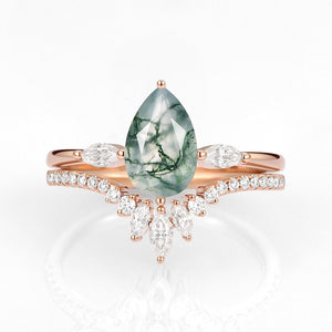 Pear Cut Moss Agate Engagement Ring Set 2pcs - Jream