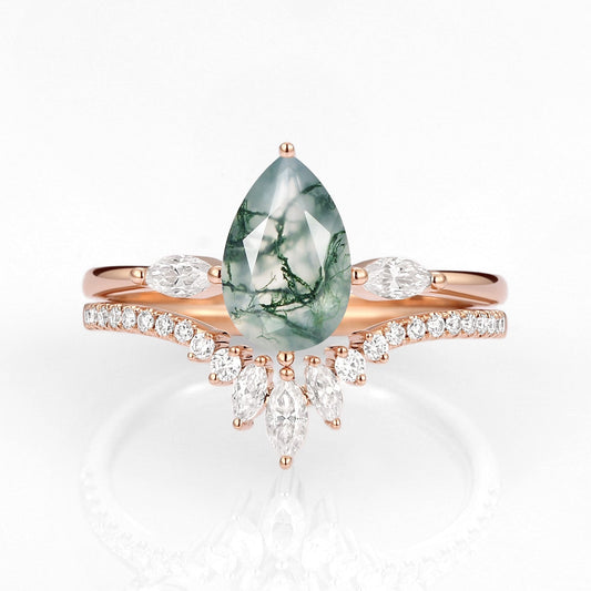 Pear Cut Moss Agate Engagement Ring Set 2pcs - Jream