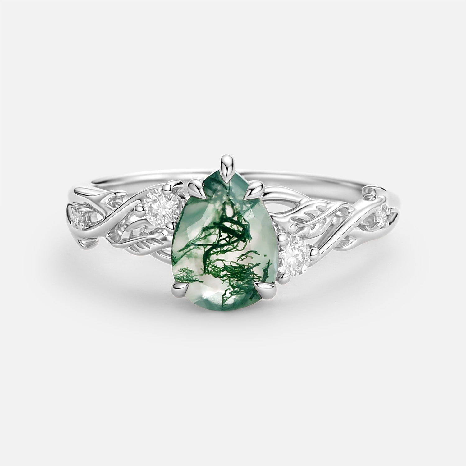 Pear Shaped Moss Agate Leafy Engagement Ring - Poire