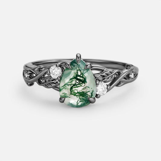 Poire Pear Shaped Moss Agate Leafy Engagement Ring