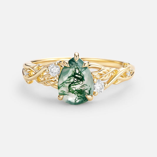 Pear Shaped Moss Agate Leafy Engagement Ring - Poire