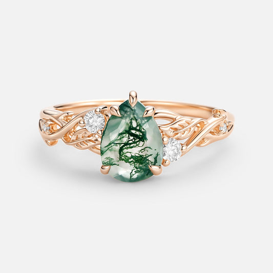 Pear Shaped Moss Agate Leafy Engagement Ring - Poire