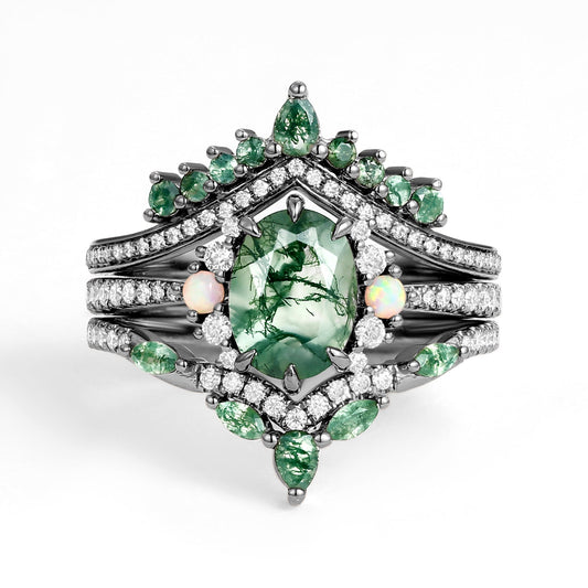 Black Gold Unique Oval Cut Moss Agate Opal Engagement Ring Set 3pcs - Ethan