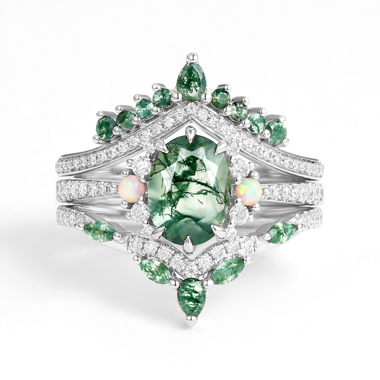 Ethan Unique Oval Cut Moss Agate & Opal Engagement Ring Set 3pcs