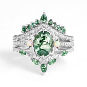 Ethan Unique Oval Cut Moss Agate & Opal Engagement Ring Set 3pcs