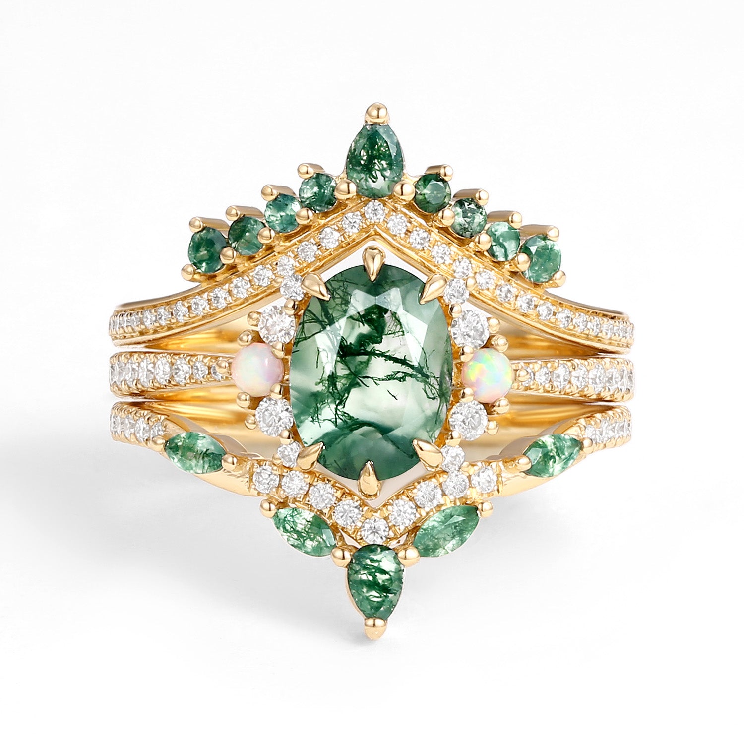 Ethan Unique Oval Cut Moss Agate & Opal Engagement Ring Set 3pcs