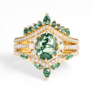 Ethan Unique Oval Cut Moss Agate & Opal Engagement Ring Set 3pcs