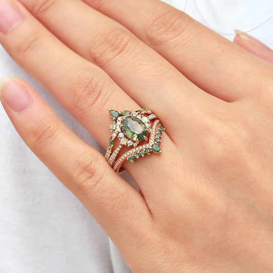 Ethan Unique Oval Cut Moss Agate & Opal Engagement Ring Set 3pcs
