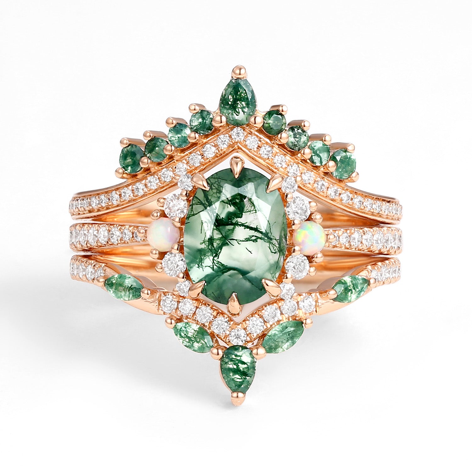 Ethan Unique Oval Cut Moss Agate & Opal Engagement Ring Set 3pcs