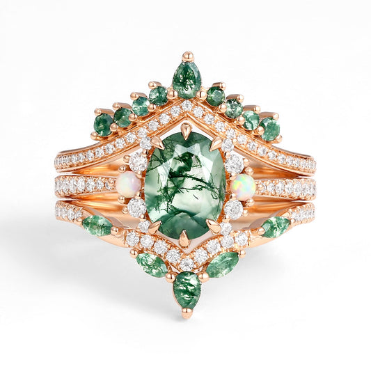 Ethan Unique Oval Cut Moss Agate & Opal Engagement Ring Set 3pcs